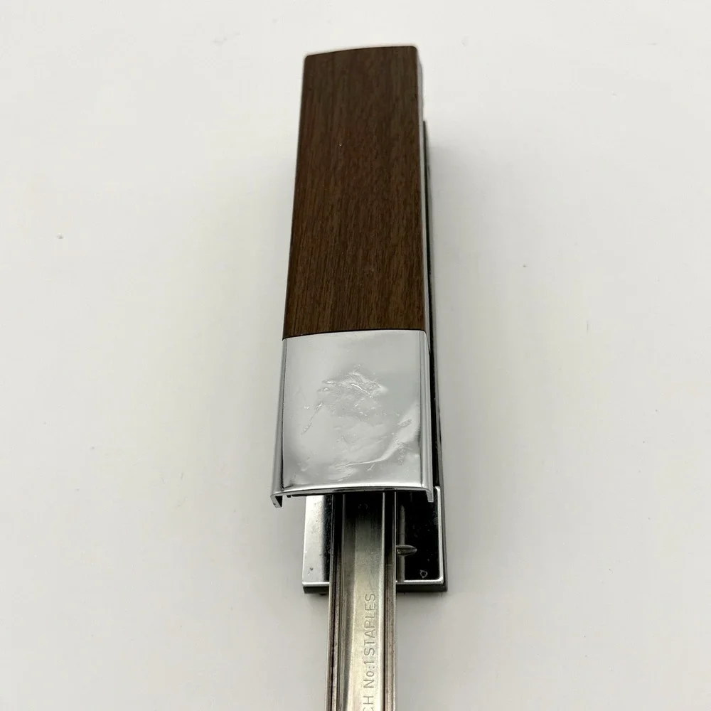 Vintage ACCO 20 Desk Stapler Faux Wood Grain Chrome Mid Century USA Working